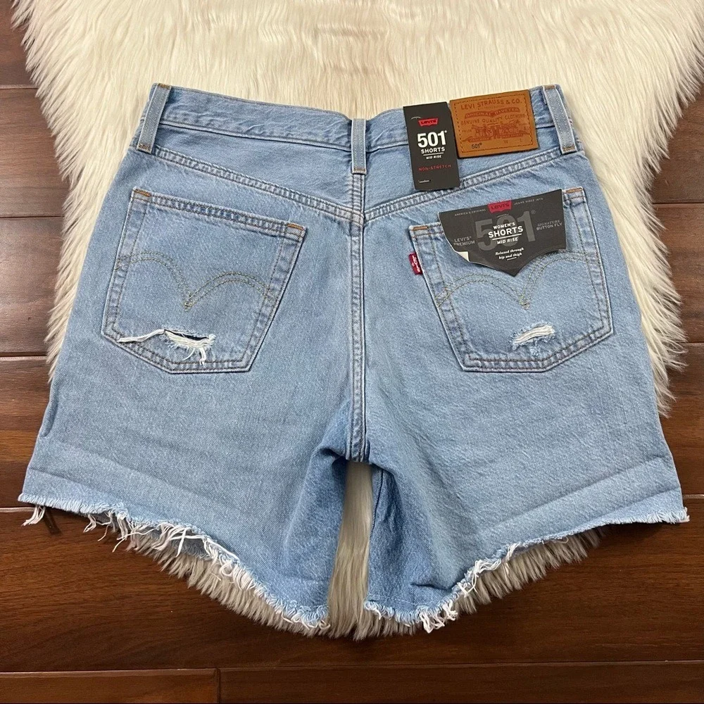 Levi's Size 27 Haze Blue Distressed 501 Long Denim Shorts